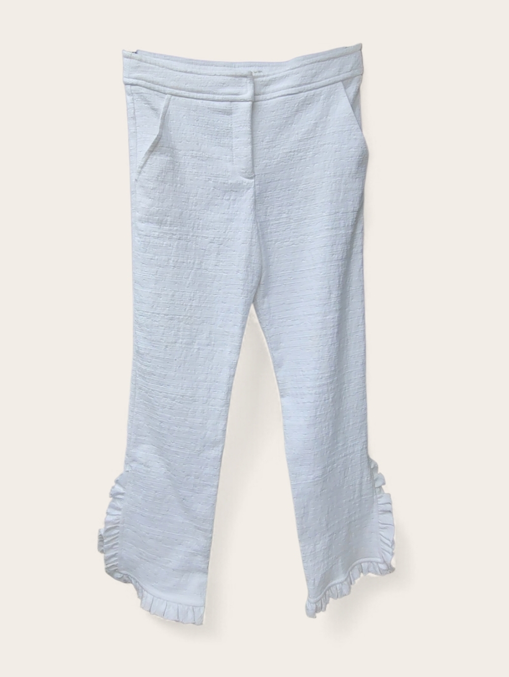 Trina Turk White Ruffle-Hem Ankle Crop Trousers